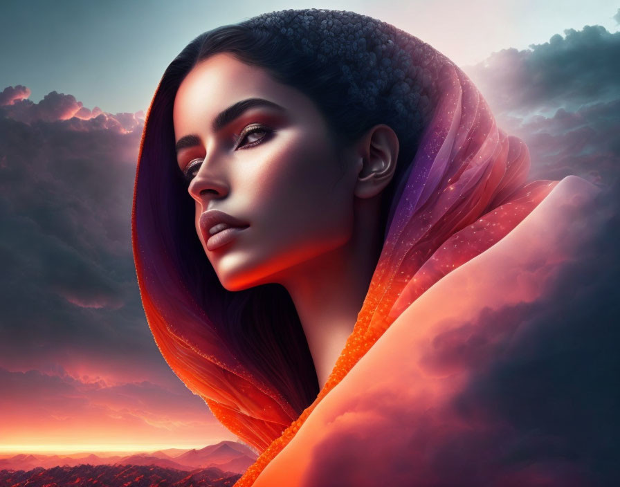 Colorful digital artwork of woman with flowing shawl against vibrant sunset sky.