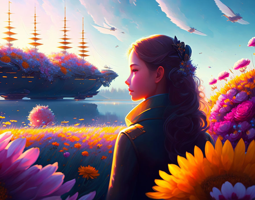 Girl admires landscape with floating flower ships, vibrant sea of blooms, and birds under warm sky