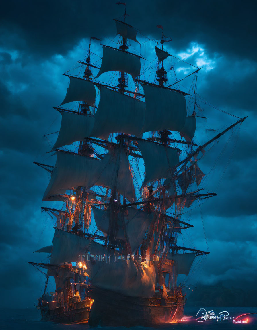 Glowing lights illuminate tall ship on dark ocean