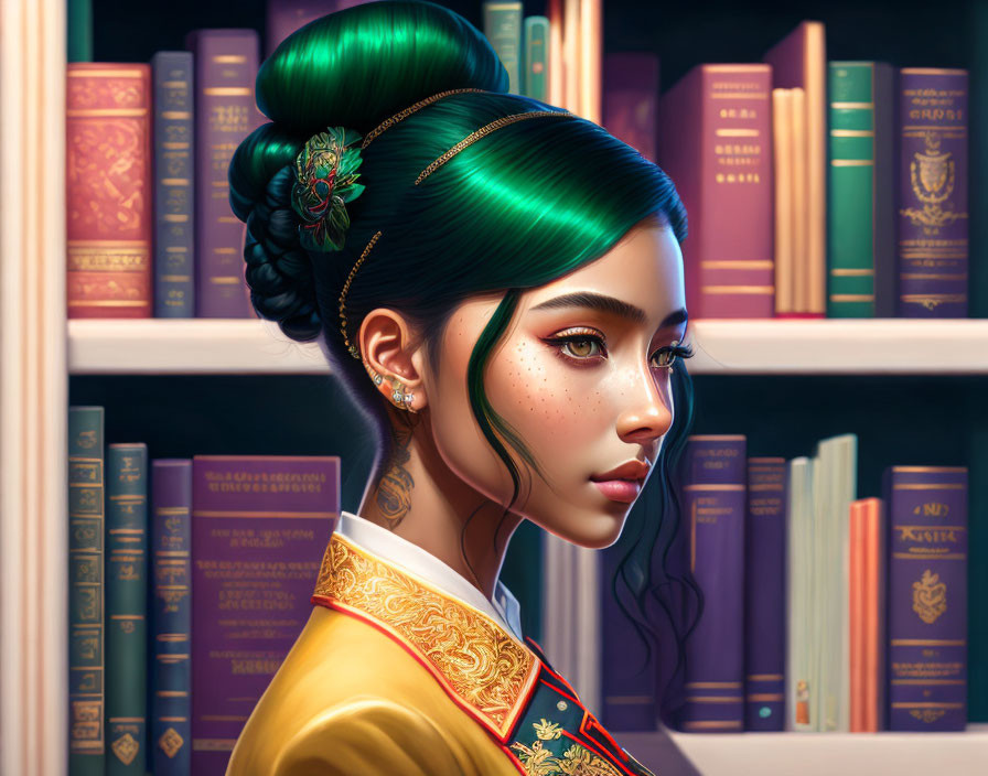 Digital illustration: Young woman with green hair bun and flower pin, in traditional outfit, by bookshelf