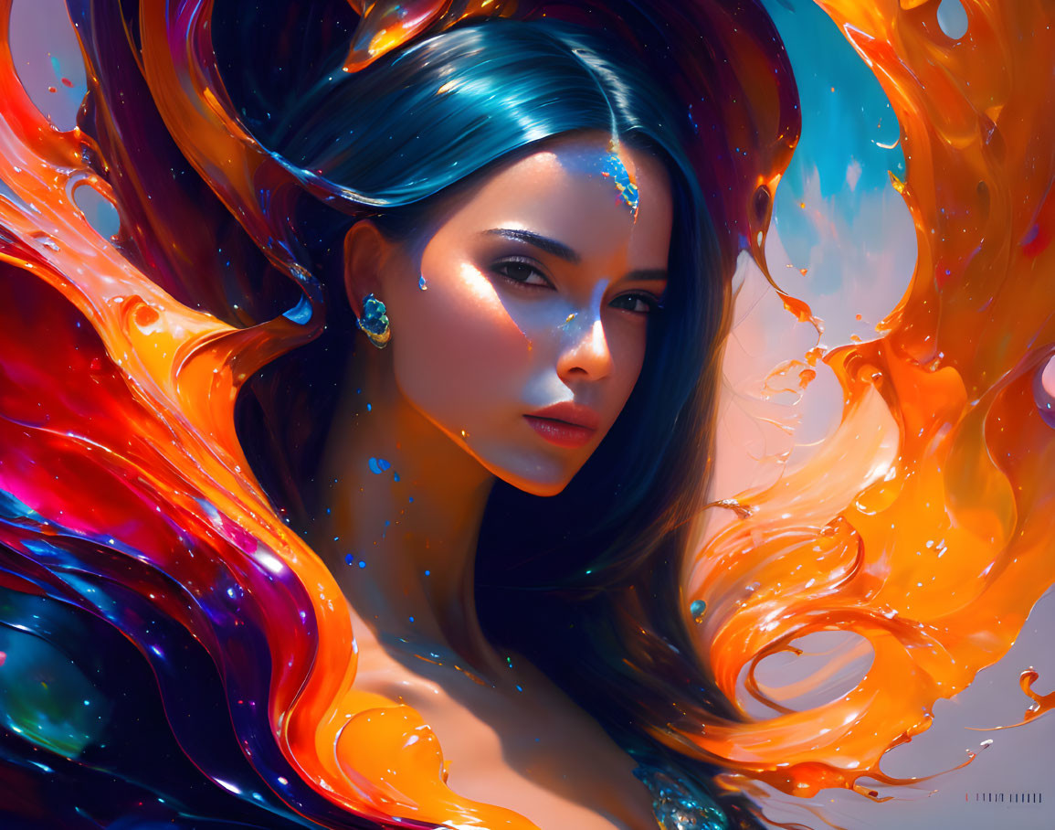 Blue-haired woman with forehead jewel in colorful flame-like swirls