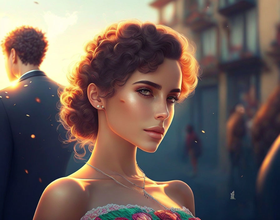 Detailed digital portrait of a woman with curly hair and elegant earrings