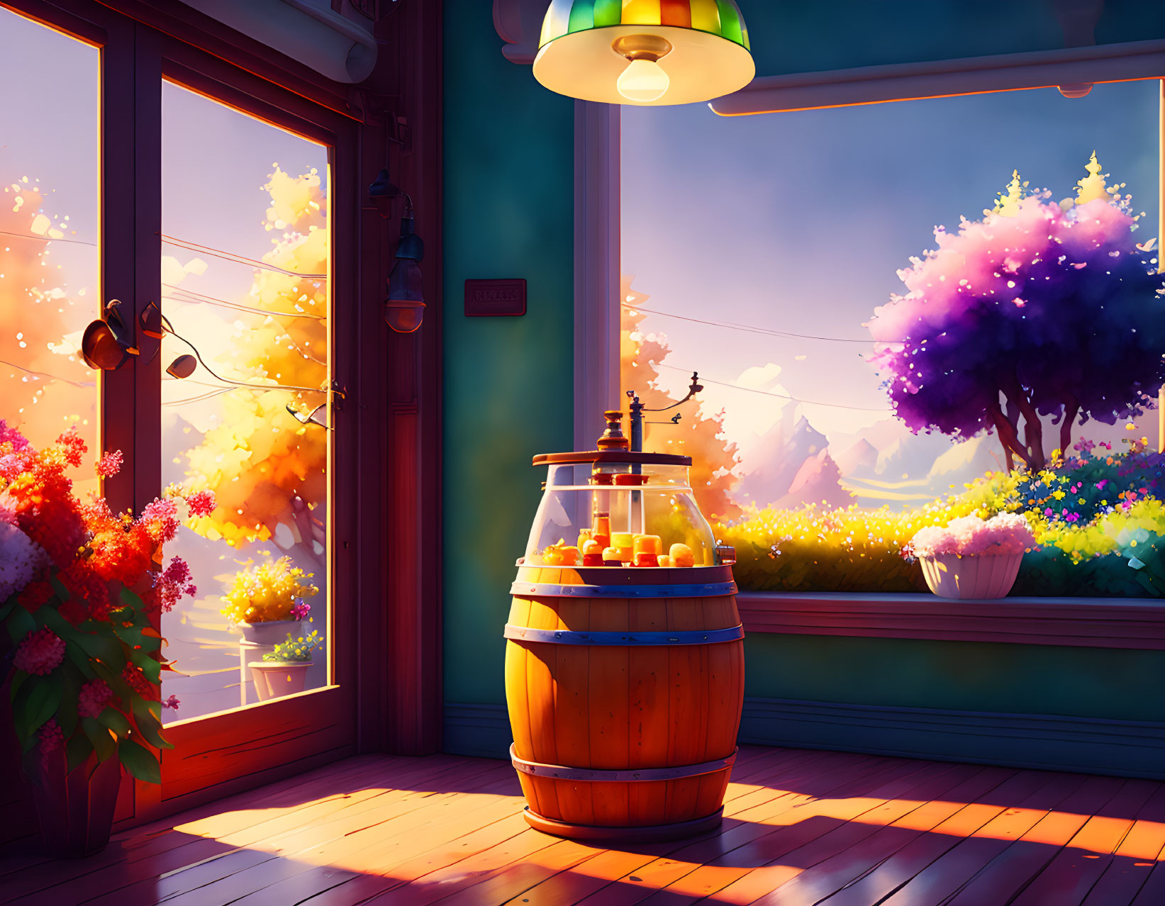 Cozy room with wooden barrel, vibrant flowers, mountains, and sunlight