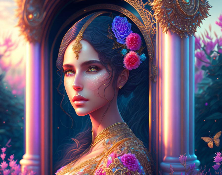 Digital Artwork: Woman with Gold Jewelry and Floral Adornments in Fantasy Setting