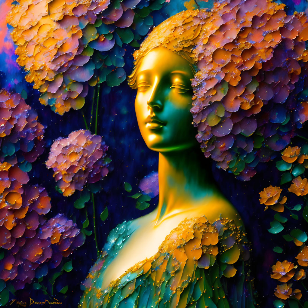 Colorful Flower Backdrop Surrounds Golden-Skinned Female Figure