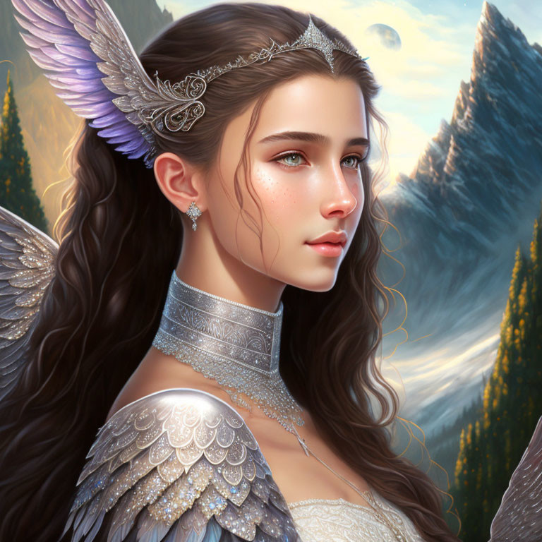 Fantasy portrait of woman with feathered wings and jeweled headpiece