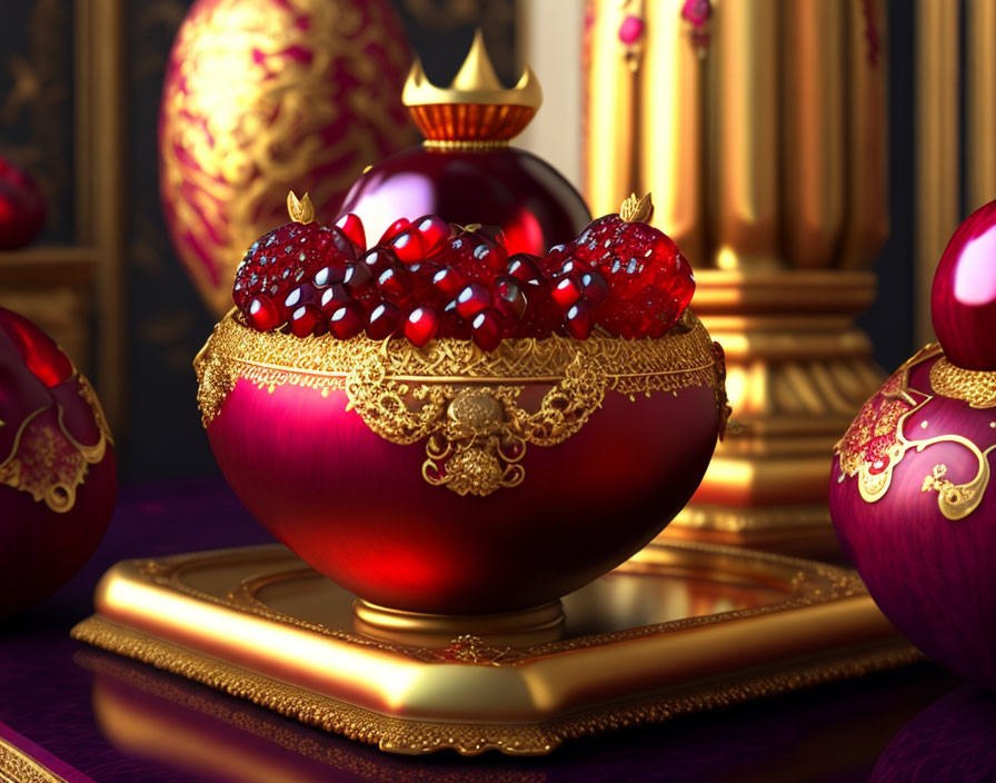 Opulent red and gold bowl with pomegranate seeds and golden decor