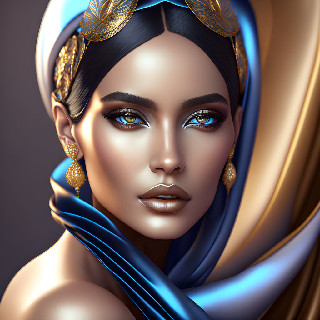 Digital portrait of woman with blue eyes, gold jewelry, and intricate blue headscarf