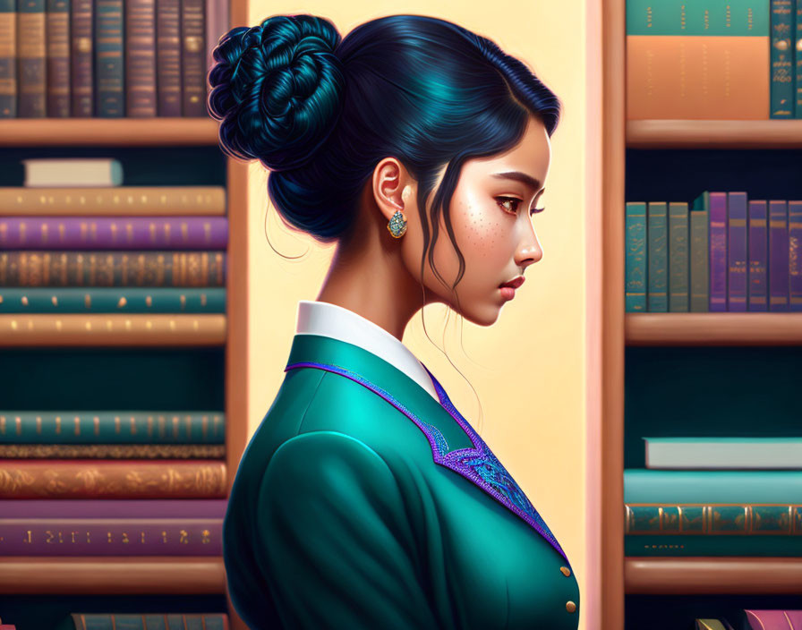 Profile view illustration: woman with blue hair in bun, green blazer, freckles, book