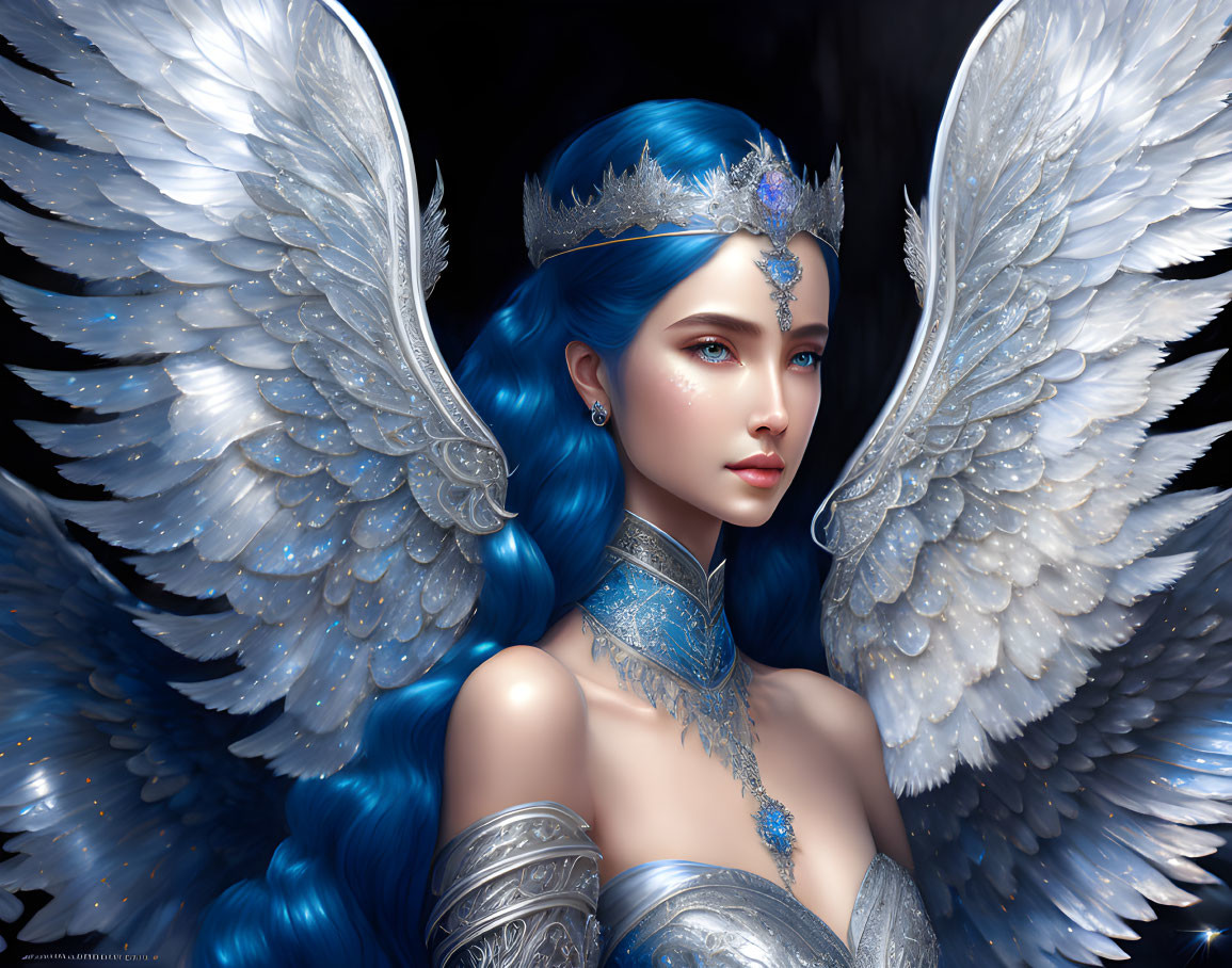 Digital Artwork: Female Figure with Blue Hair, Silver Jewelry, White Wings