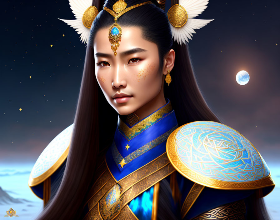 Woman in ornate golden and blue celestial armor under moonlit sky