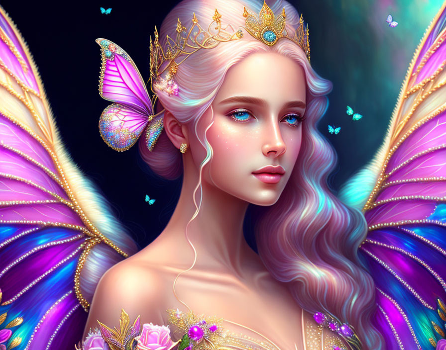 Multicolored hair fairy woman with butterfly wings and golden crown