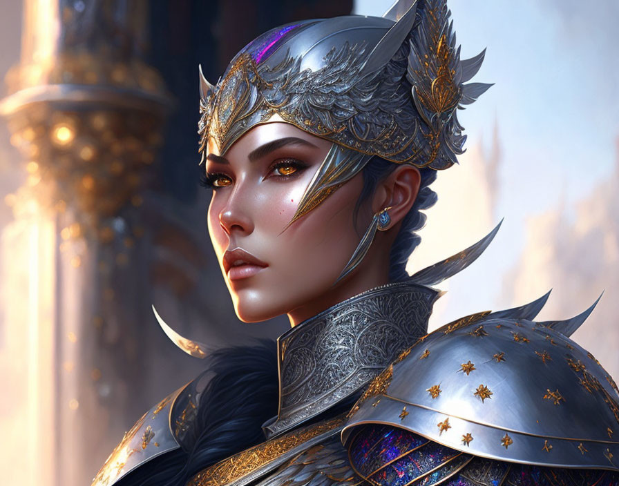 Digital artwork of woman in silver and gold armor with winged helmet.