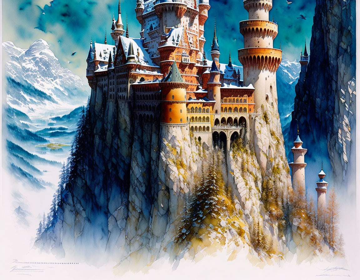 Fantasy castle with spires on rocky cliff amid snowy pines & mountains