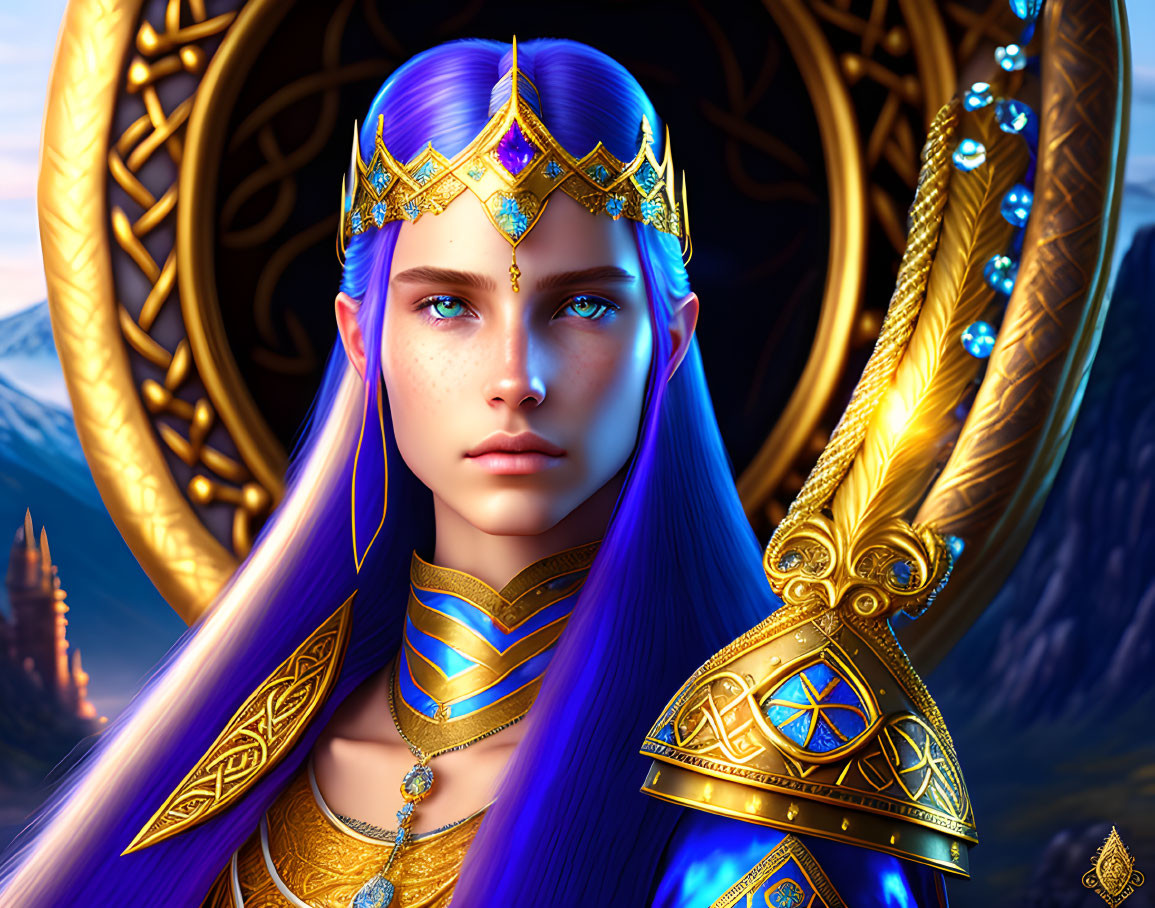 Fantasy female character with blue hair and golden tiara in mystical castle setting