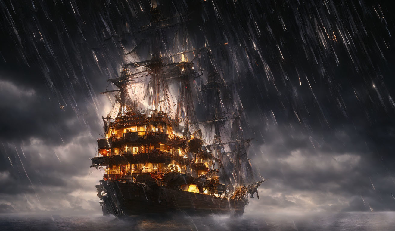 Old ship illuminated by warm lights in stormy sea