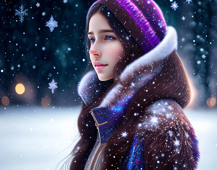 Young woman in purple hat gazes wistfully in serene winter setting