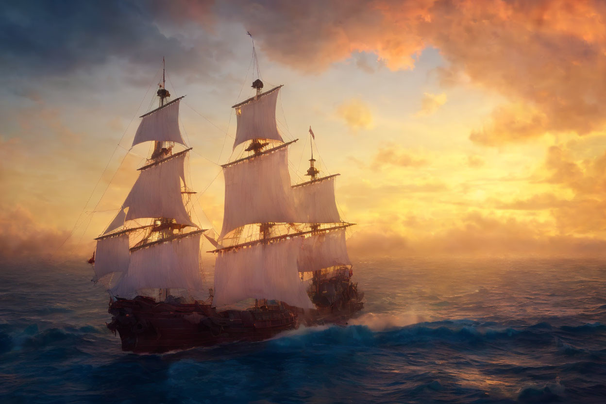 Vintage sailing ship on ocean under dramatic sunset.