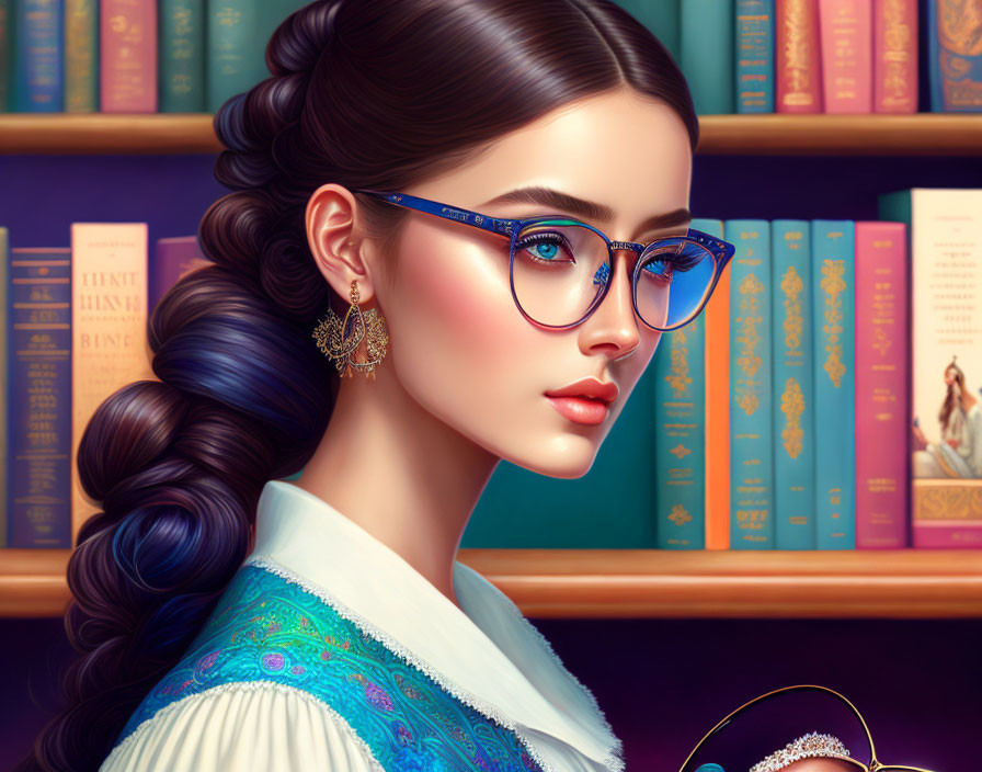 Woman with Braided Hairstyle and Blue Glasses by Bookshelf