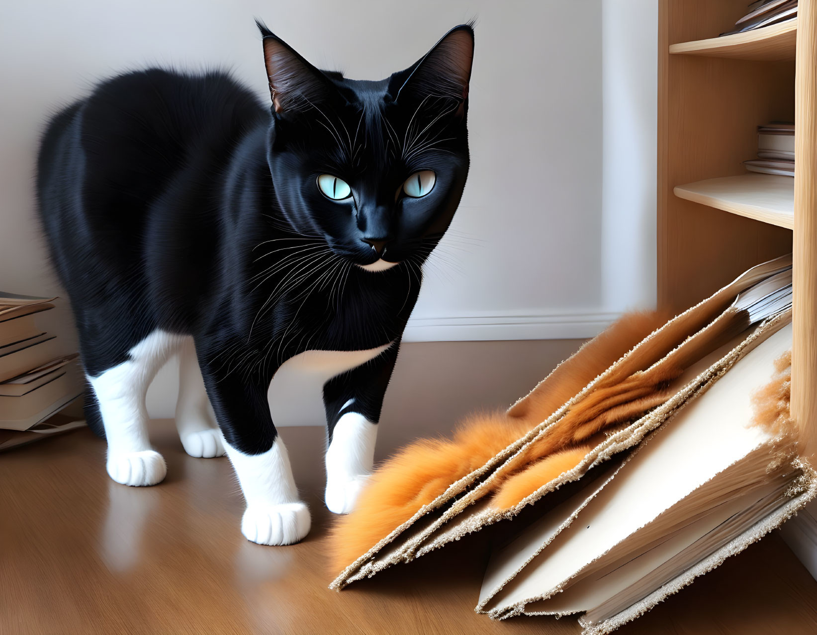 Black Cat with Green Eyes Next to Open Book on Wooden Floor