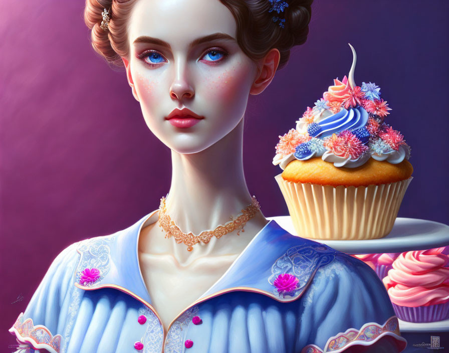 Digital portrait of woman in cupcake-themed blue dress