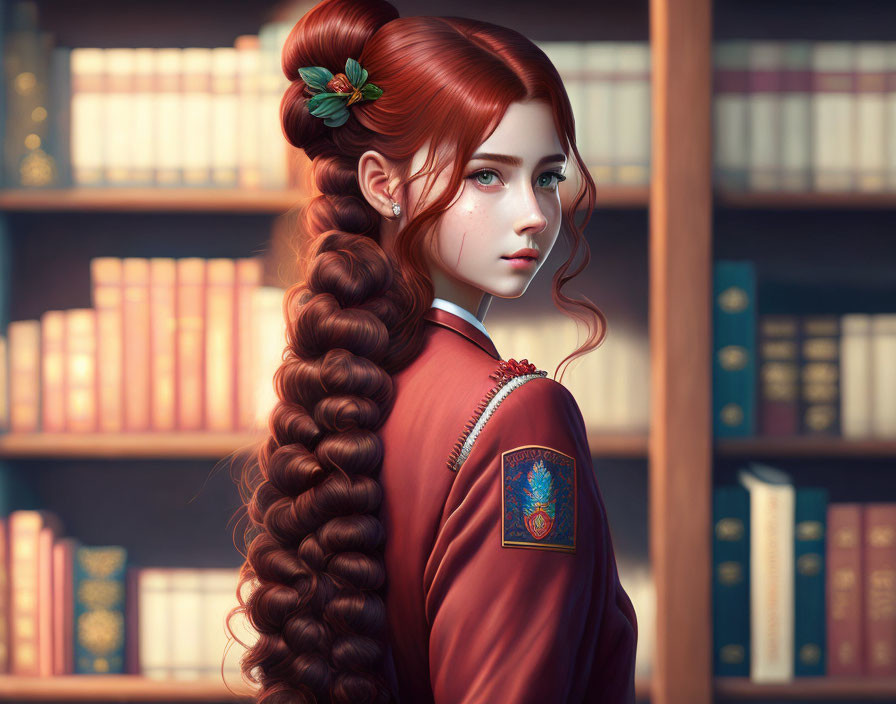 Digital artwork: Girl with long braided red hair in library