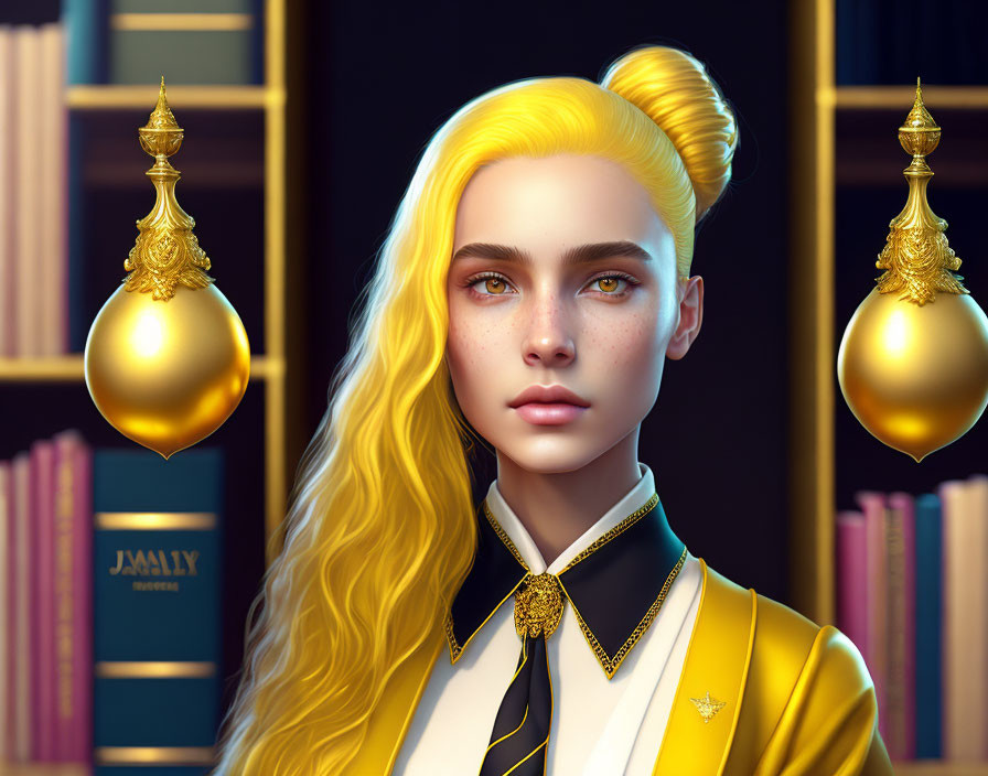 Digital artwork featuring person with yellow hair, freckles, chic outfit, and bookcase with golden