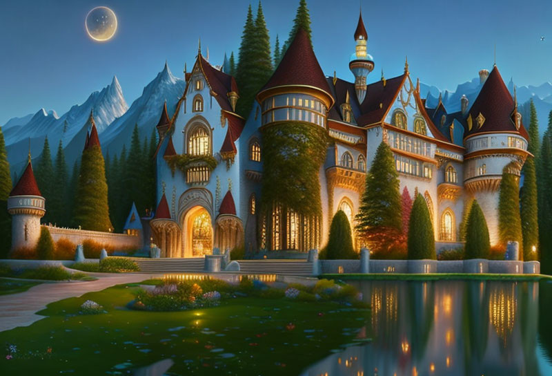 Castle by Lake: Twilight Scene with Illuminated Windows, Gardens, Mountains, and Crescent Moon