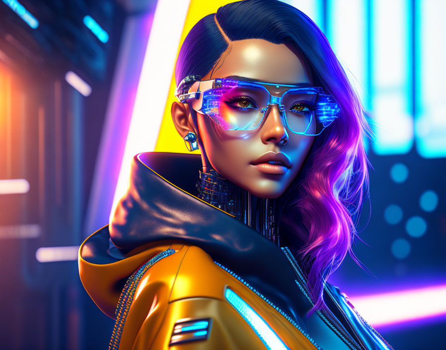 Futuristic digital art portrait of woman with pink hair and neon-lit cyberpunk setting