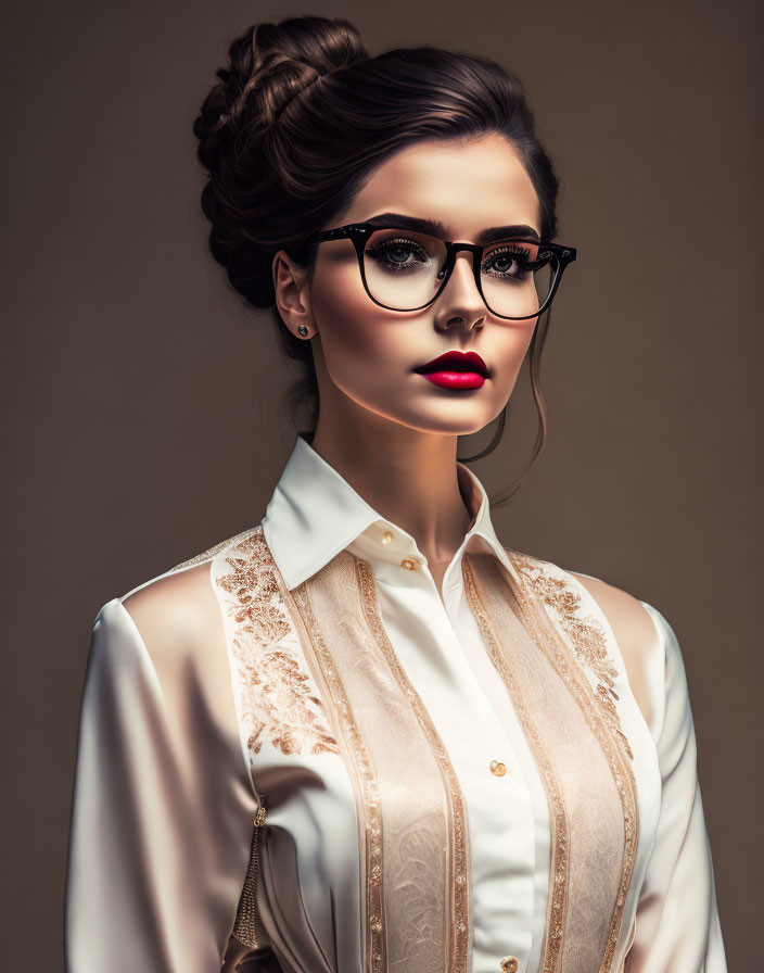 Stylish woman with updo, glasses, red lipstick, and elegant blouse