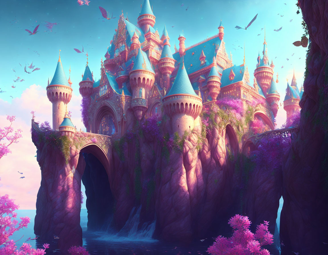 Pink-hued castle on rocky cliff with lush vegetation, waterfalls, and birds in magical landscape