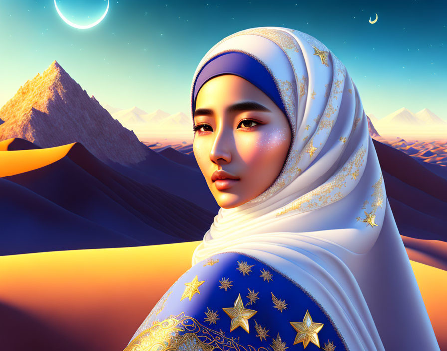 Digital Art Portrait of Woman in Hijab with Star Adornments in Desert Setting