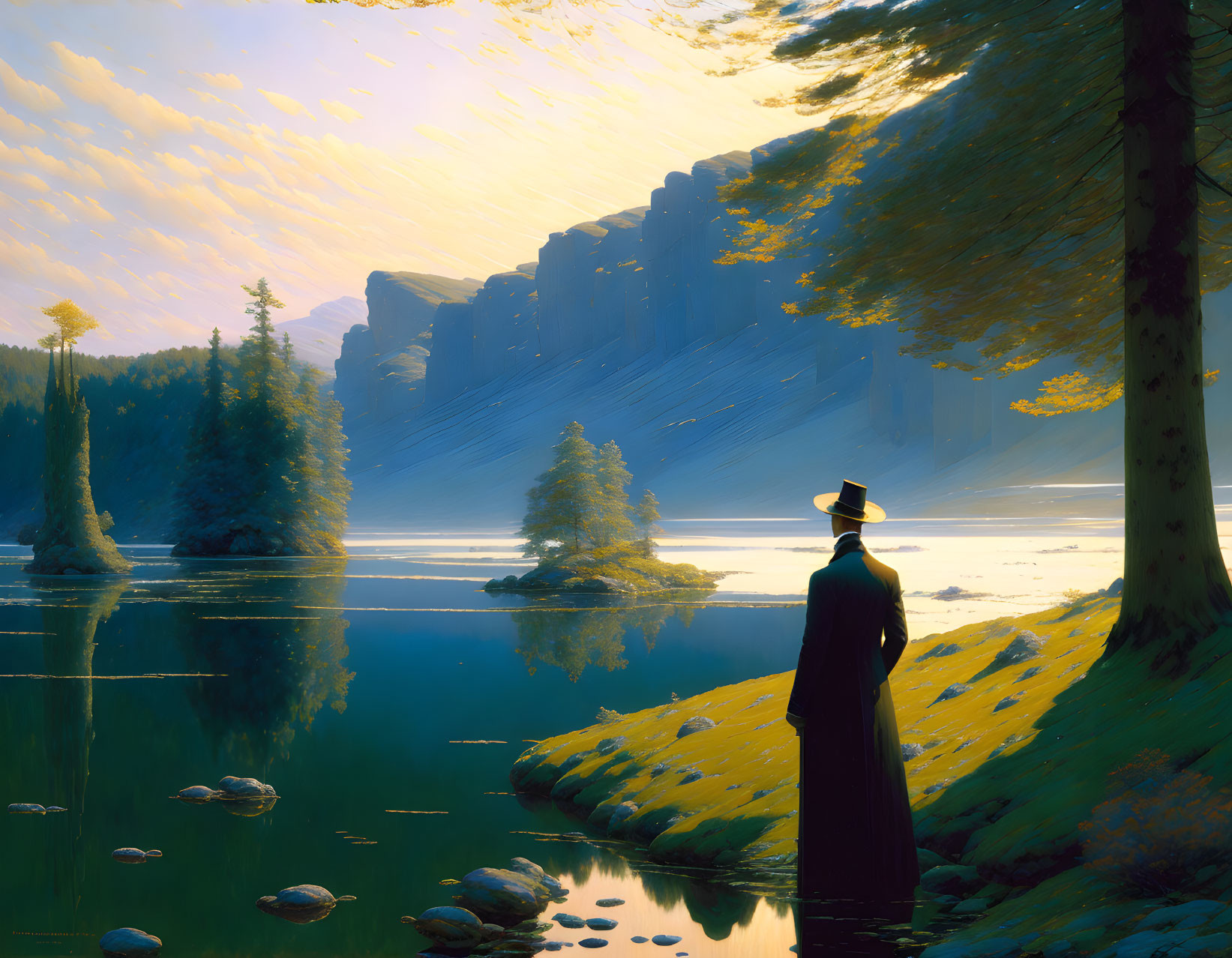 Person in top hat by tranquil lake with sunlit cliff and island.