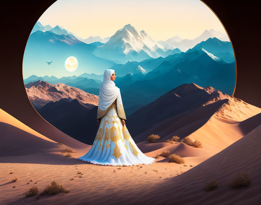 Person in ornate white and gold garment in desert landscape with bird and mountains.