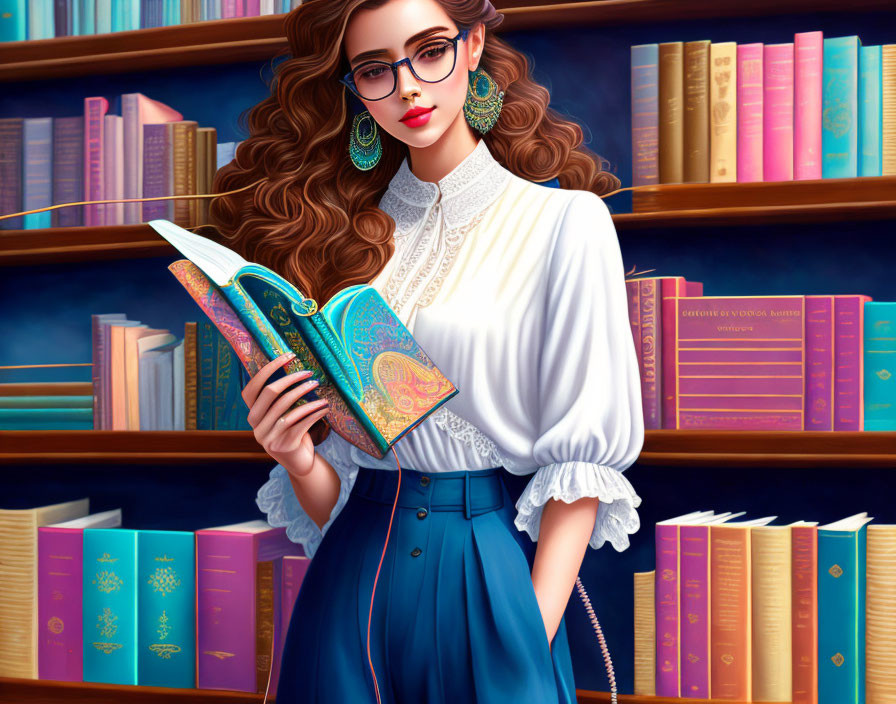 Illustration of woman with curly brown hair and glasses reading in library