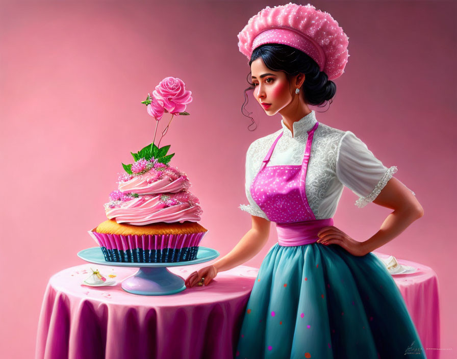 Colorful Dress Woman Poses with Ornate Cupcake on Table