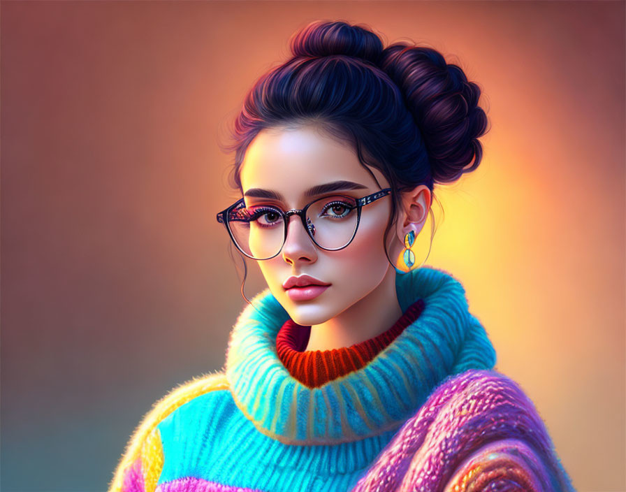 Colorful sweater woman portrait with glasses and high bun hairstyle