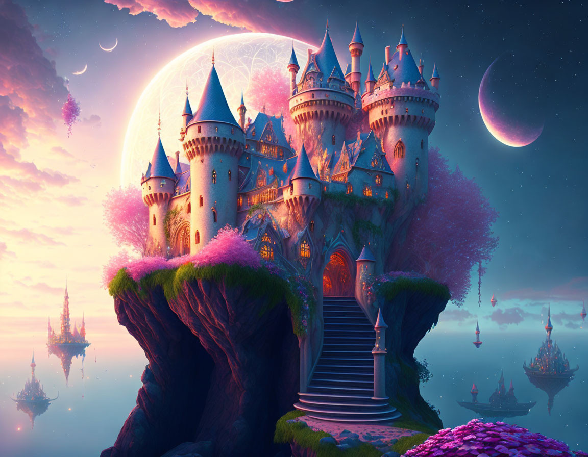 Fantastical castle on floating island with multiple spires at twilight