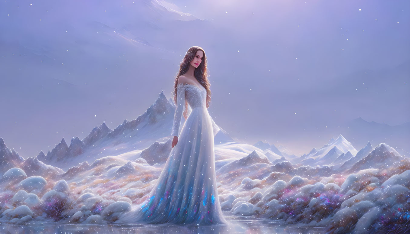 Woman in glittering gown surrounded by snowy landscape and colorful flora under starry sky