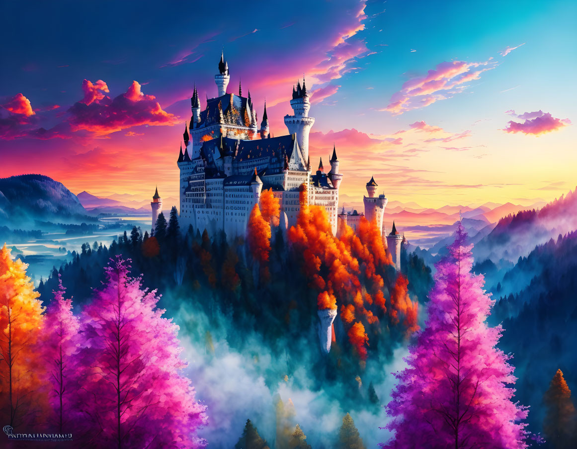 Castle on Hill Surrounded by Colorful Forest at Sunset