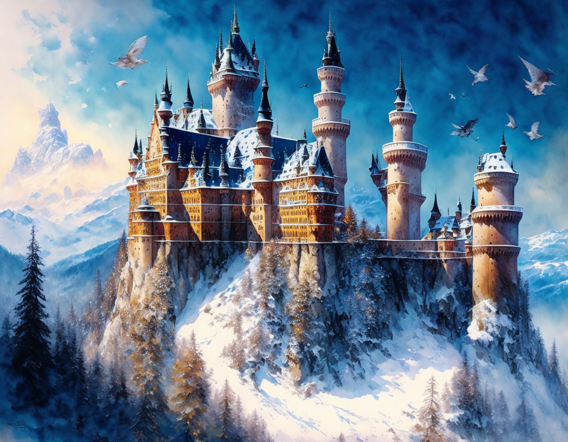 Snowy mountain castle with spires, birds, and blue sky