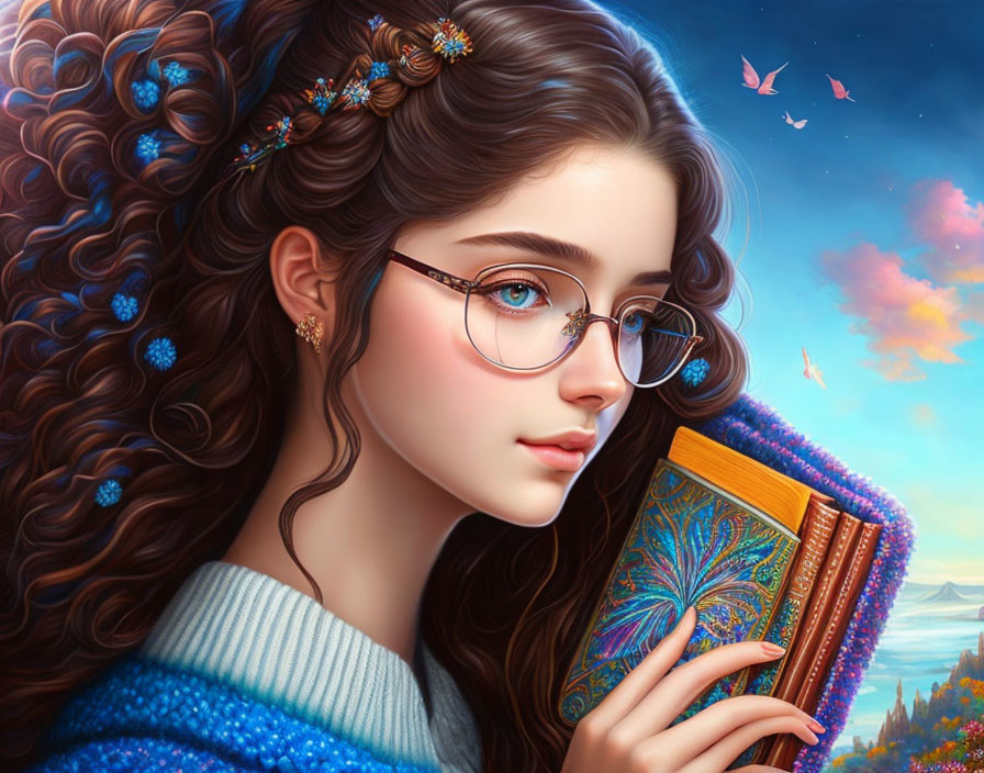 Young Woman with Curly Hair, Glasses, Book, Butterflies, and Vivid Sky