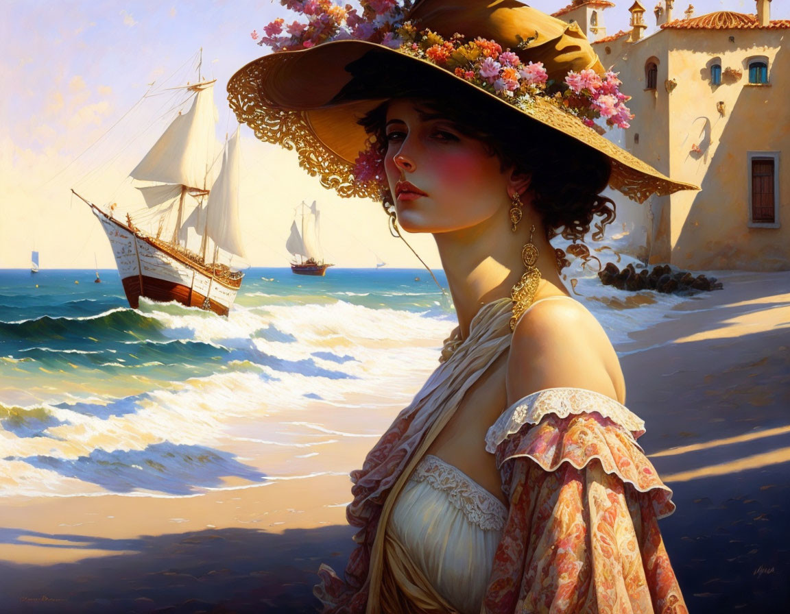 Vintage attire woman painting by the sea with sailboat and building