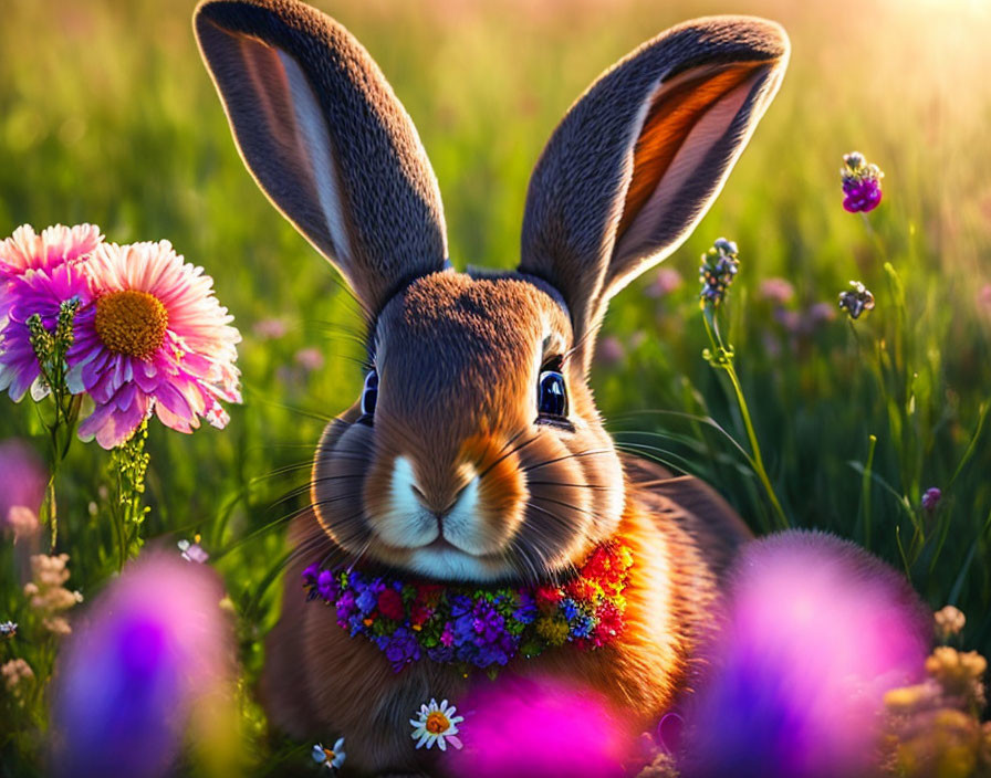 Illustration of cute brown rabbit in floral necklace in sunny flower field