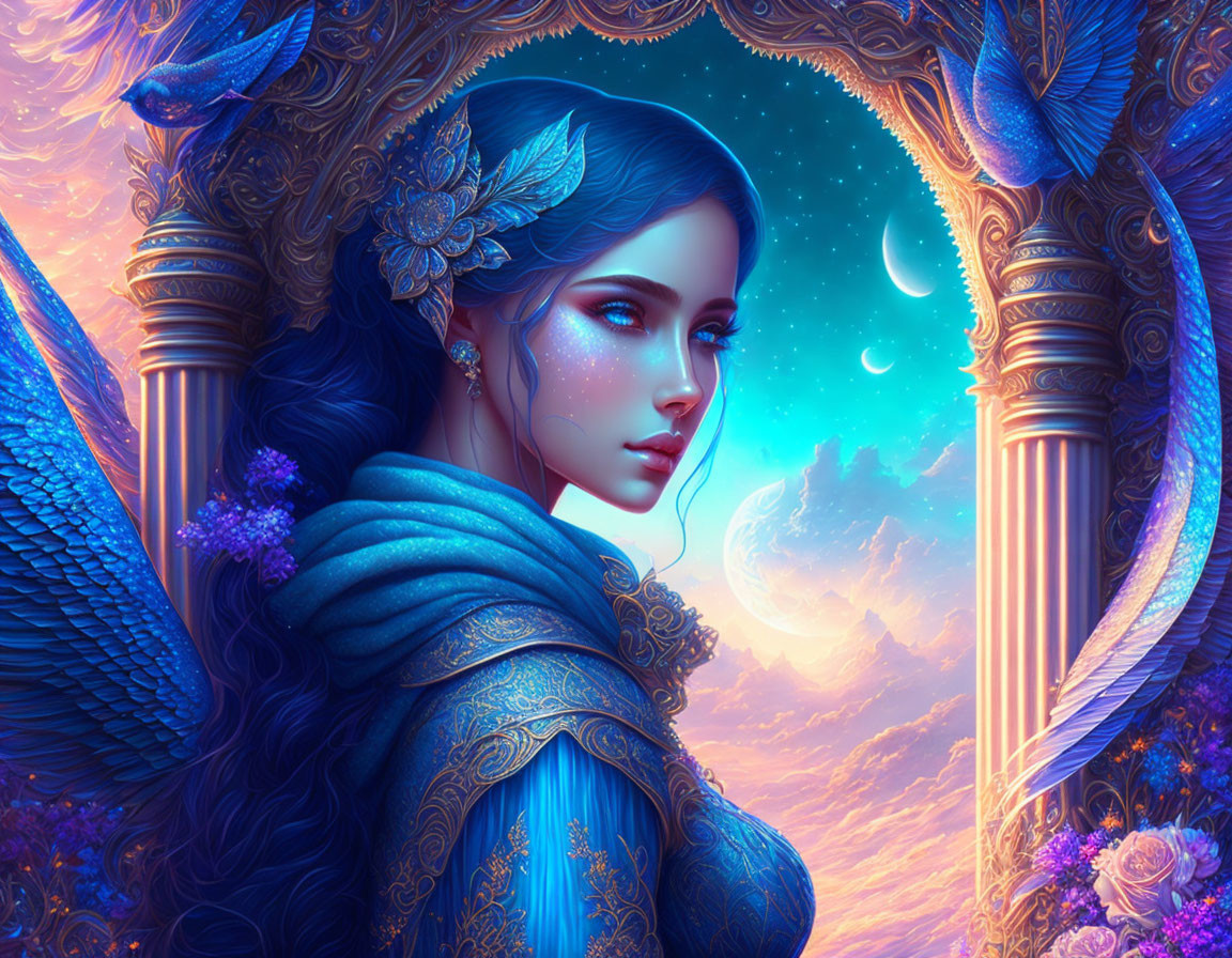 Fantastical portrait of a woman with blue skin and wings in cosmic setting