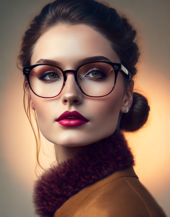 Portrait of Woman with Glasses, Red Lipstick, Stylish Bun, and Brown Coat