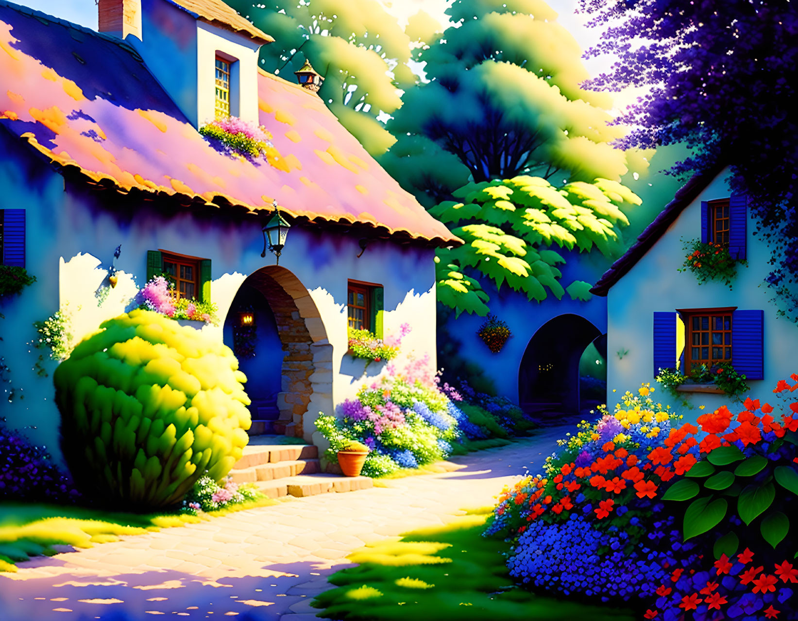 Colorful illustration of cottage with blue roof in lush greenery