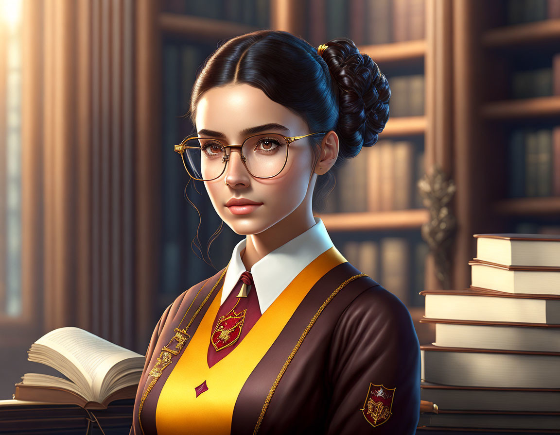 Digital illustration of young woman in school uniform with bun and glasses in library.