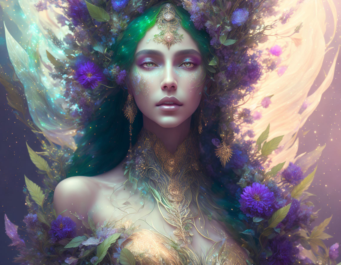 Green-haired woman with flowers and golden jewelry in mystical setting