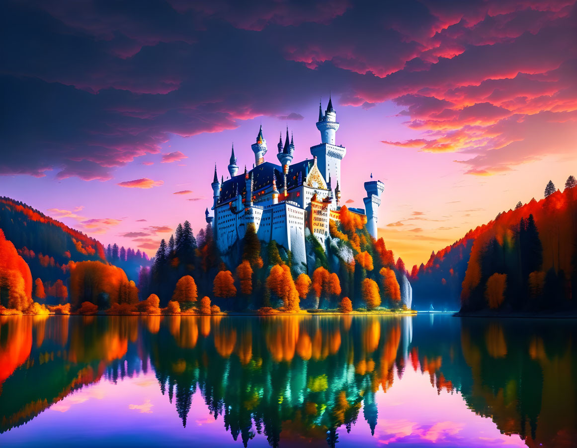 Fairytale Castle Sunset Scene with Pink and Blue Skies